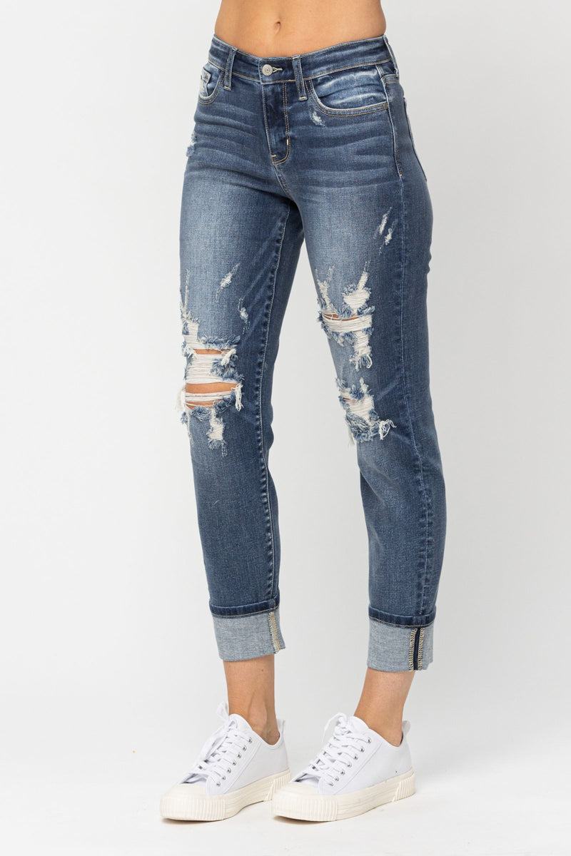 Judy Blue Mid-Rise Cuffed Destroyed Boyfriend Denim Jeans 82427