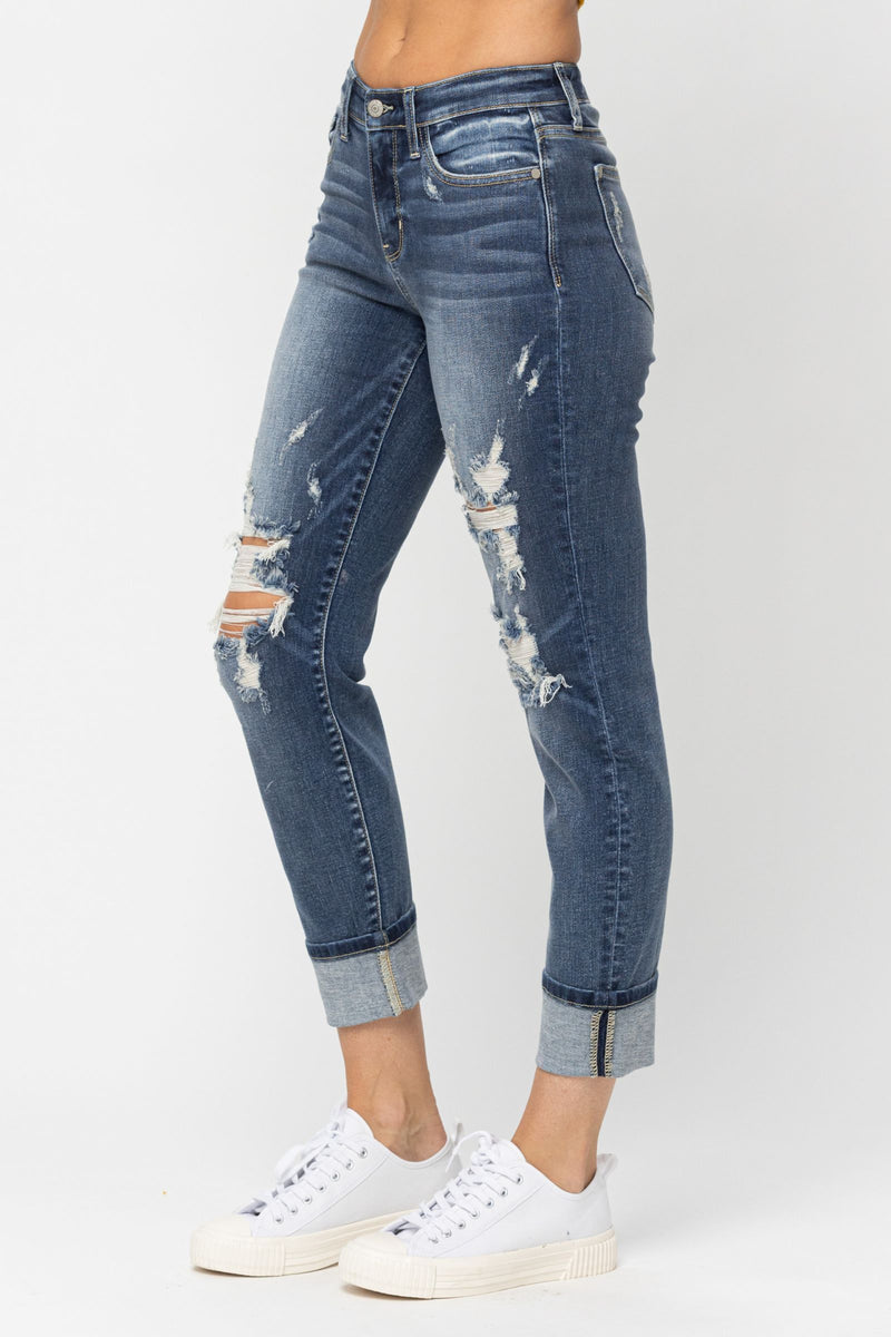 Judy Blue Mid-Rise Cuffed Destroyed Boyfriend Denim Jeans 82427