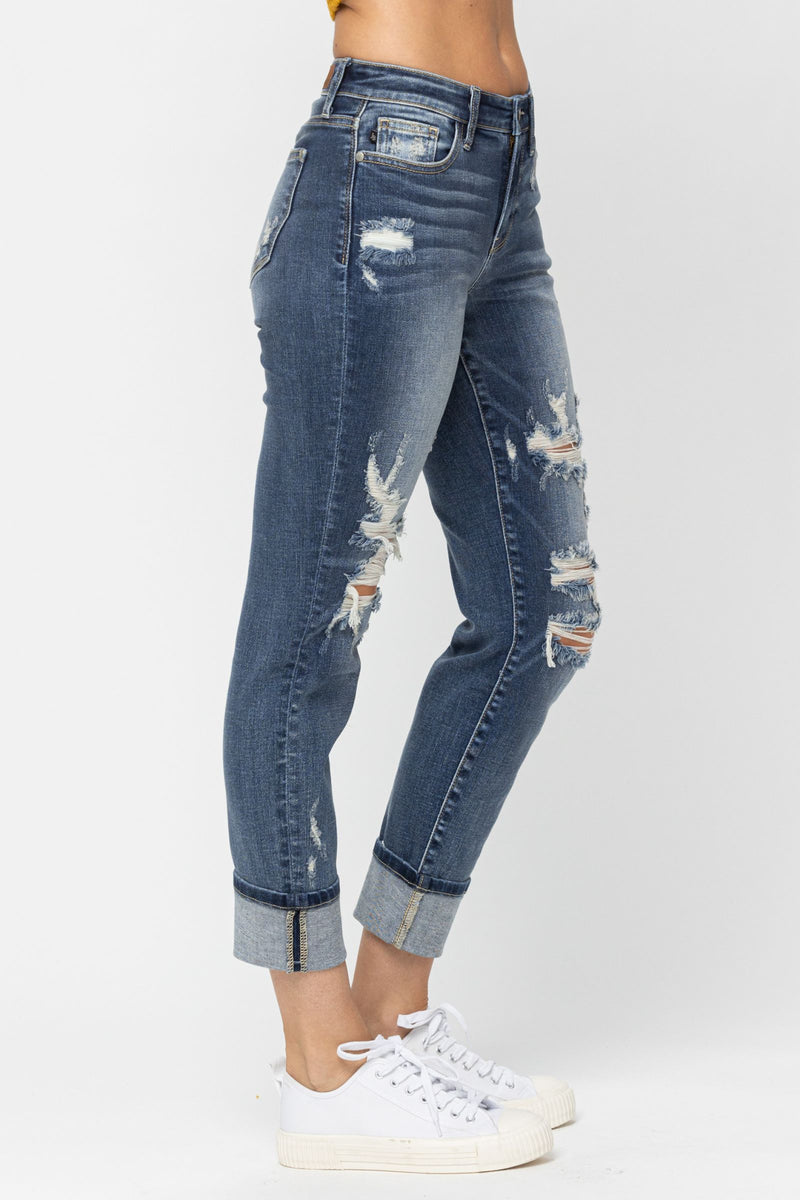 Judy Blue Mid-Rise Cuffed Destroyed Boyfriend Denim Jeans 82427