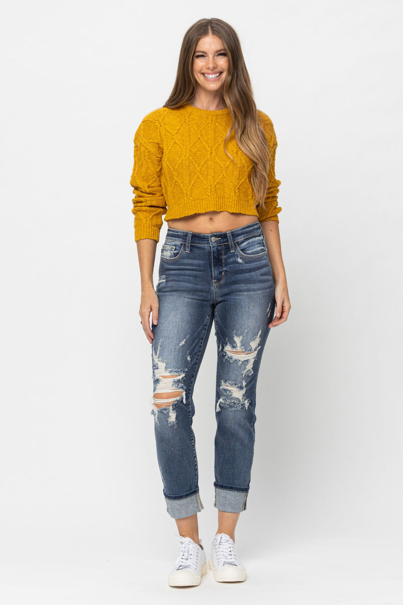 Judy Blue Mid-Rise Cuffed Destroyed Boyfriend Denim Jeans 82427