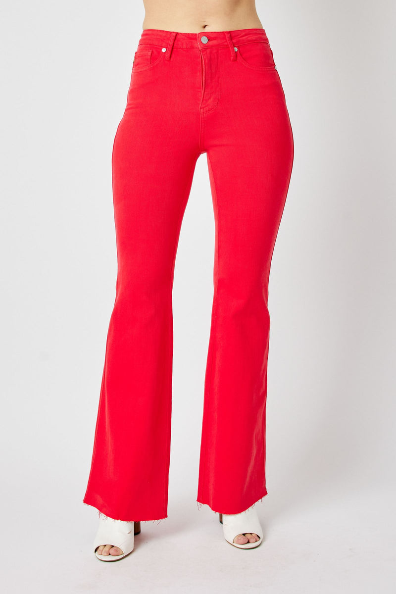 Judy Blue High Waist Tummy Control Garment Dyed Red Flare Denim Jeans 88833