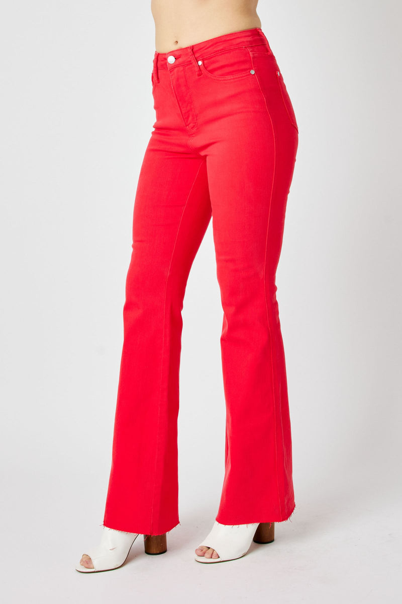Judy Blue High Waist Tummy Control Garment Dyed Red Flare Denim Jeans 88833