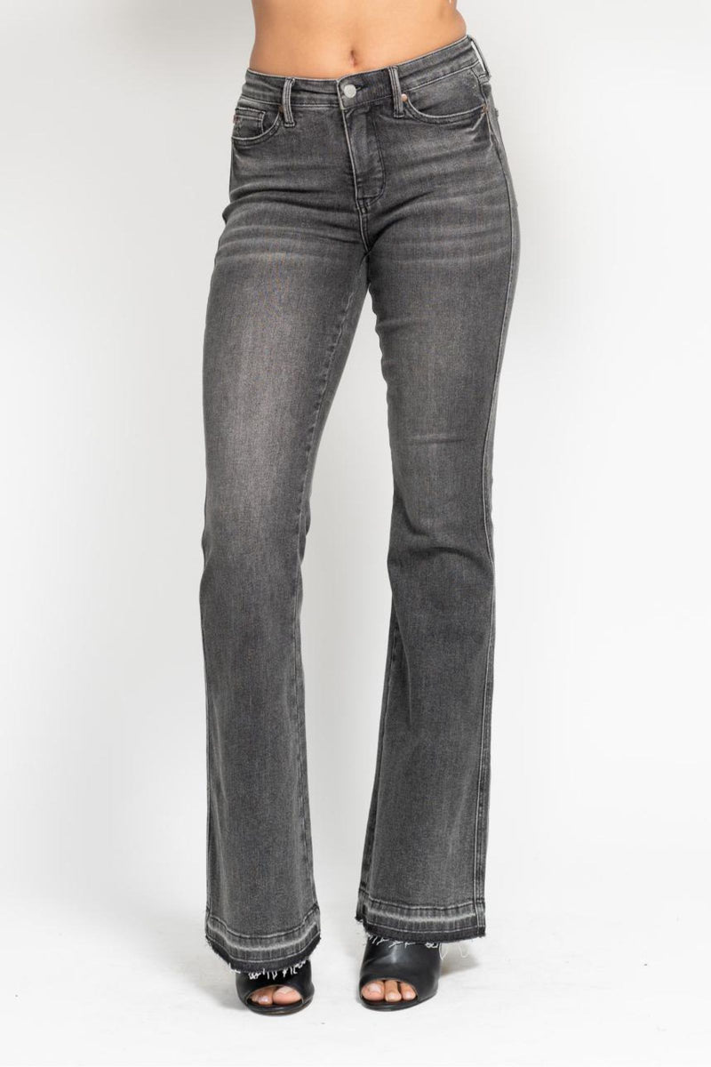 Judy Blue Mid Rise Tummy Control Washed Gray Release Hem Flare Denim Jeans 88880