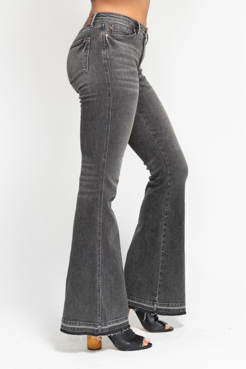 Judy Blue Mid Rise Tummy Control Washed Gray Release Hem Flare Denim Jeans 88880