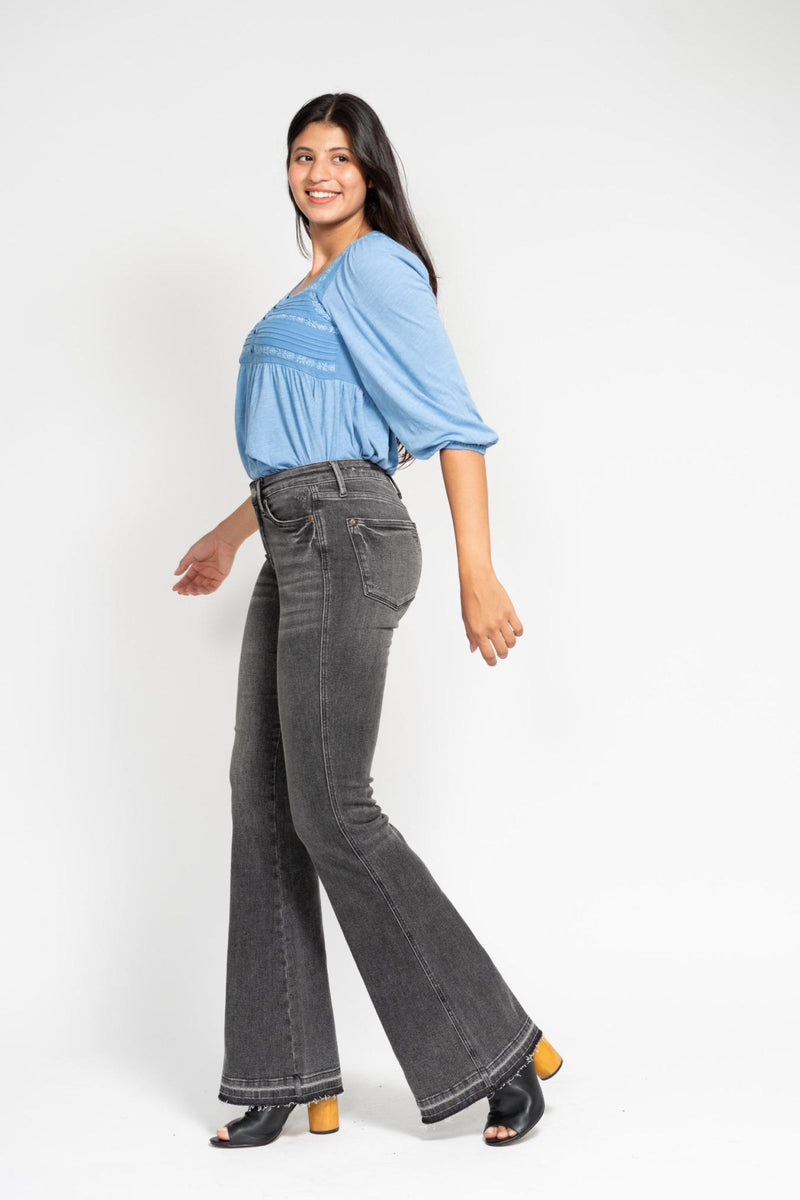 Judy Blue Mid Rise Tummy Control Washed Gray Release Hem Flare Denim Jeans 88880