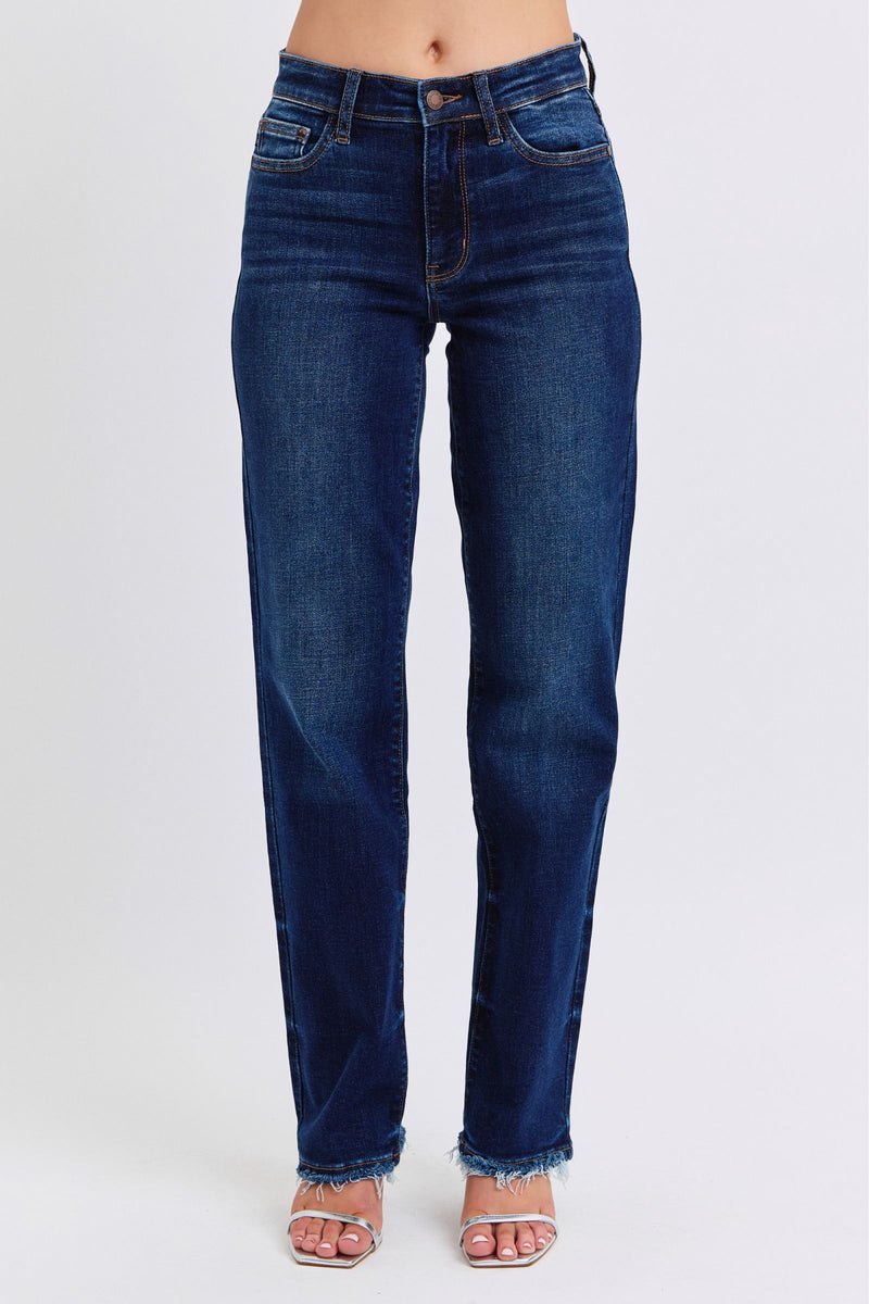 Judy Blue Mid Rise Fray Hem Straight Denim Jeans 82622