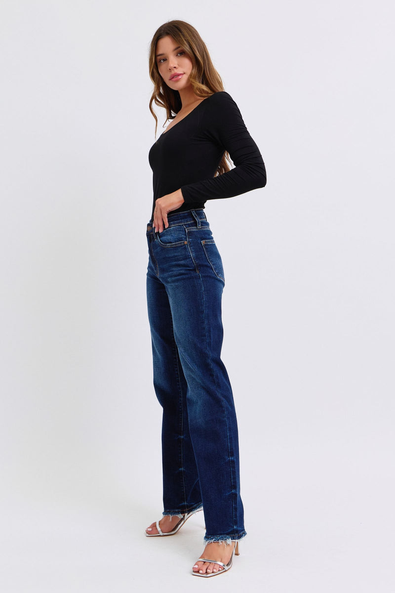 Judy Blue Mid Rise Fray Hem Straight Denim Jeans 82622