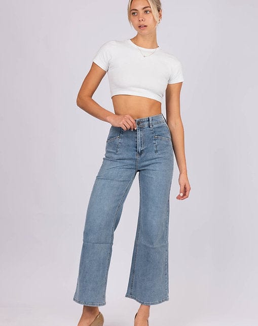 Wakee Denim Flare Wide Leg Ladies Jean - Blue Wash 7063