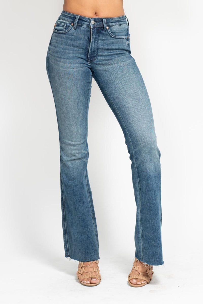 Judy Blue Mid Rise Tummy Control Vintage Wash Cut Hem Flare Denim Jeans 88472