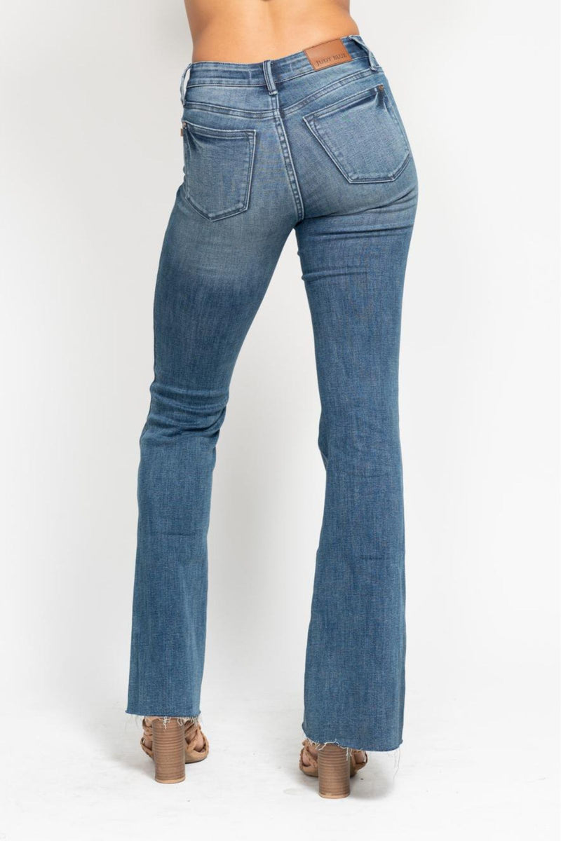 Judy Blue Mid Rise Tummy Control Vintage Wash Cut Hem Flare Denim Jeans 88472