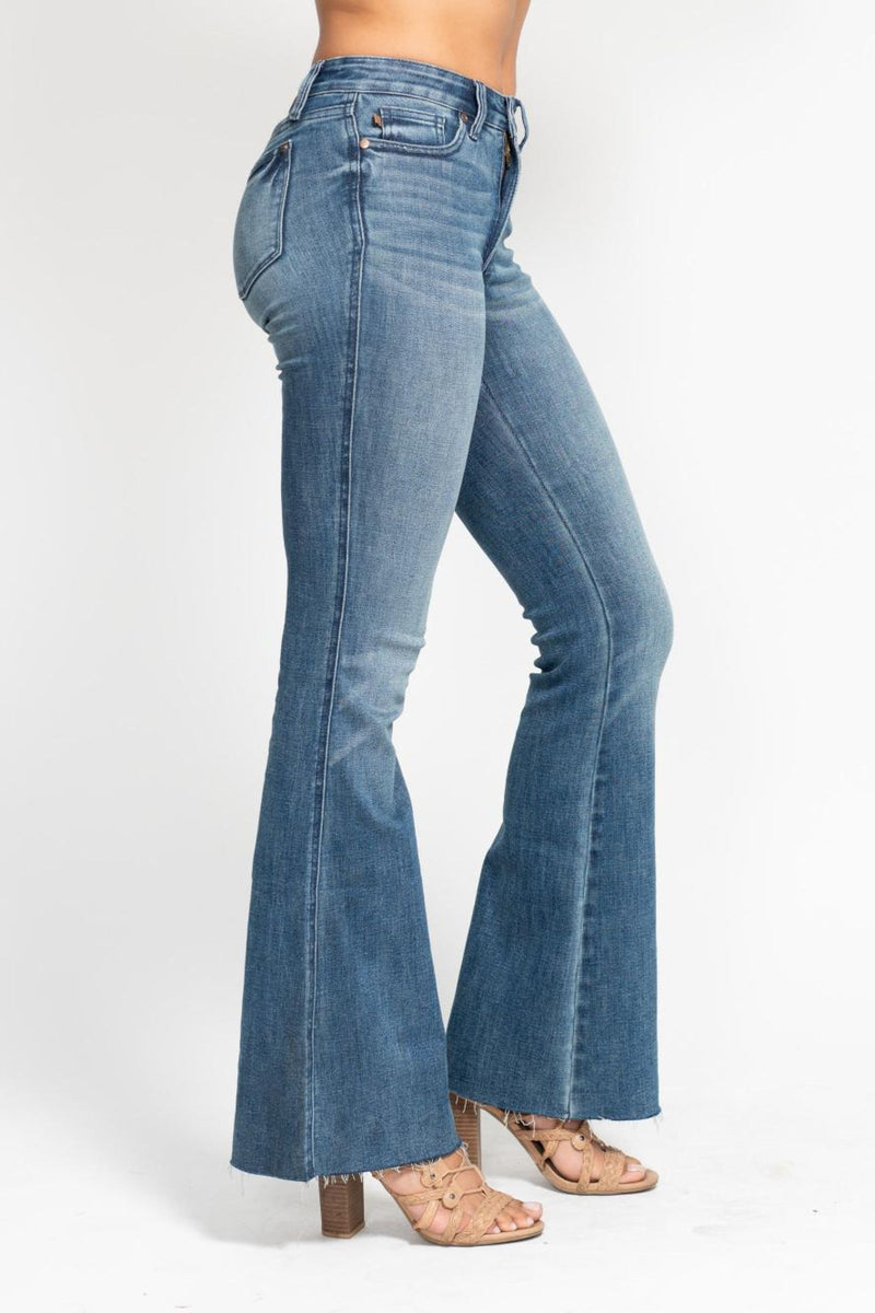 Judy Blue Mid Rise Tummy Control Vintage Wash Cut Hem Flare Denim Jeans 88472