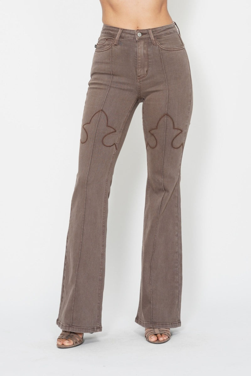 Judy Blue High Waist Garment Dyed Brown Knee Seam Detail & Shield Pockets Flare Denim Jeans 88846