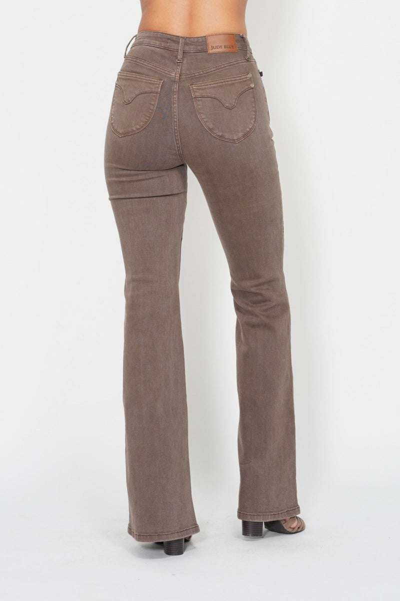 Judy Blue High Waist Garment Dyed Brown Knee Seam Detail & Shield Pockets Flare Denim Jeans 88846