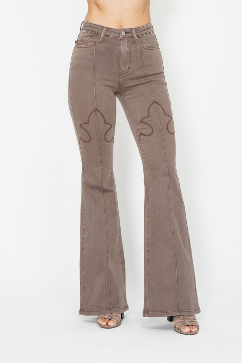 Judy Blue High Waist Garment Dyed Brown Knee Seam Detail & Shield Pockets Flare Denim Jeans 88846