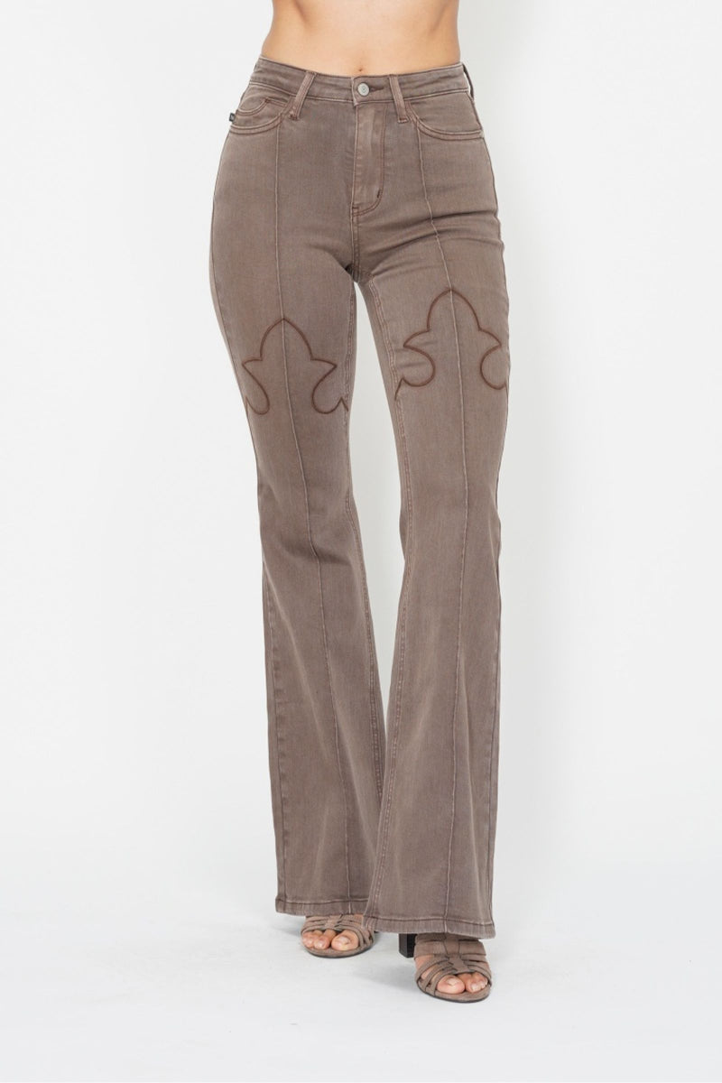Judy Blue High Waist Garment Dyed Brown Knee Seam Detail & Shield Pockets Flare Denim Jeans 88846