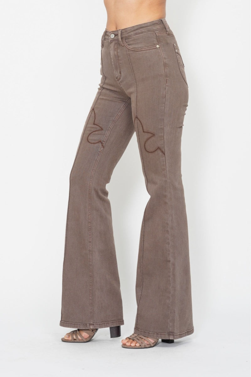 Judy Blue High Waist Garment Dyed Brown Knee Seam Detail & Shield Pockets Flare Denim Jeans 88846