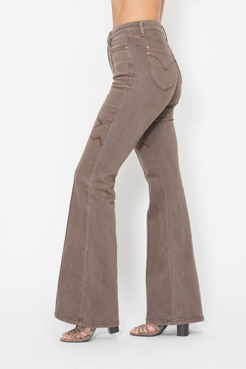 Judy Blue High Waist Garment Dyed Brown Knee Seam Detail & Shield Pockets Flare Denim Jeans 88846