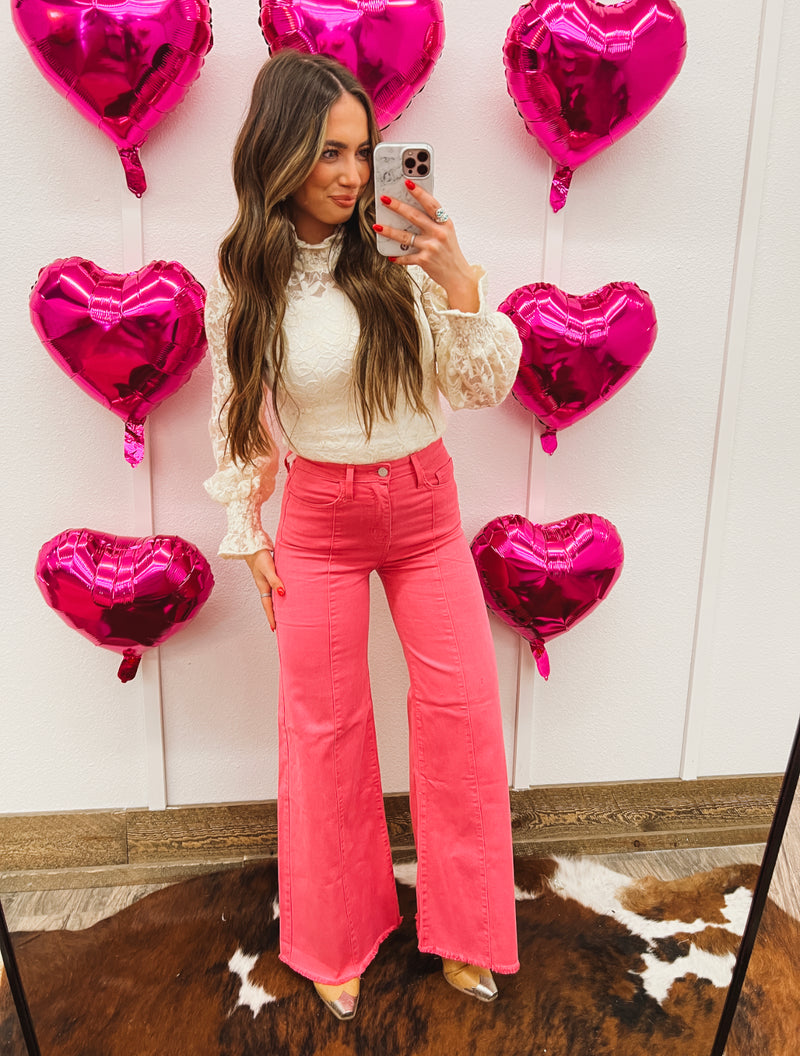 Cowboy Man High Waisted Front Seam Denim(Pink)