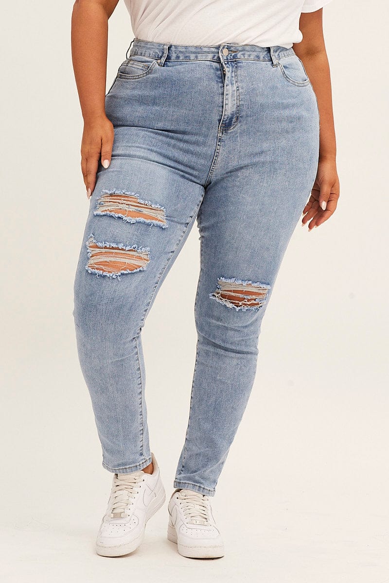 Blue High Rise Knee Distress Stretch Skinny Denim Jeans