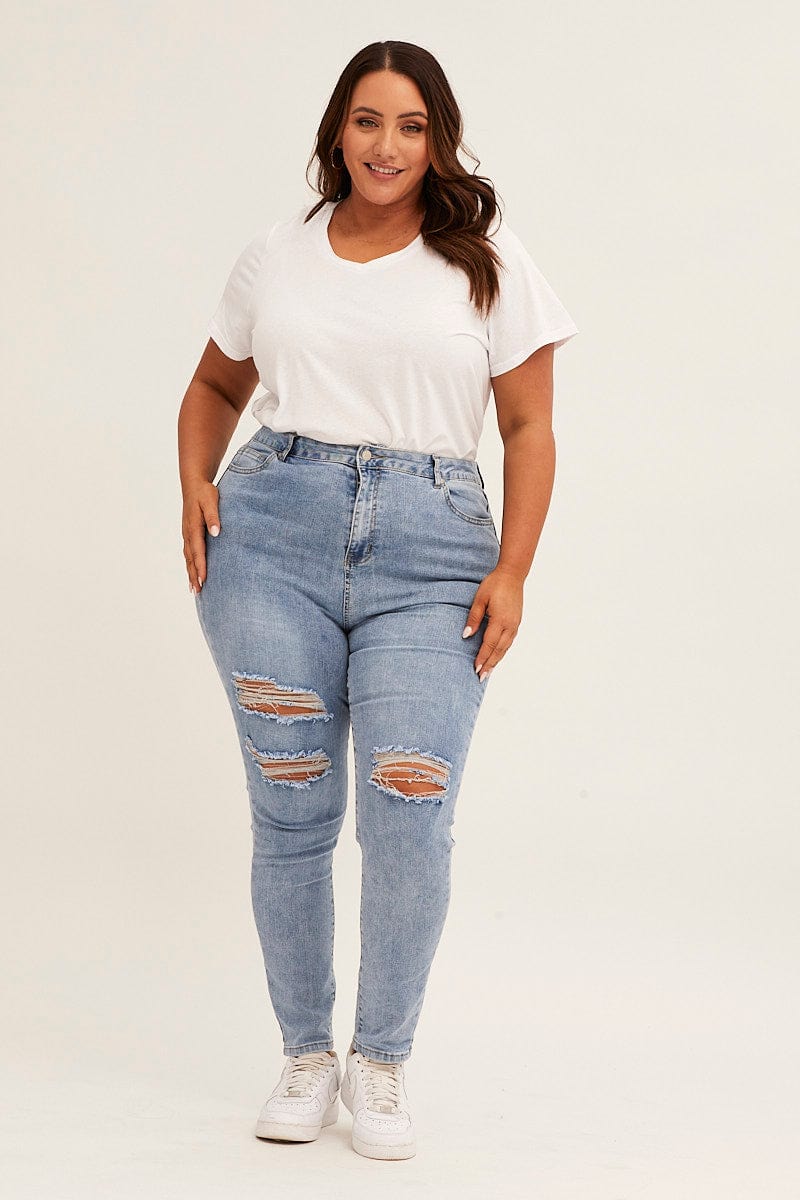 Blue High Rise Knee Distress Stretch Skinny Denim Jeans