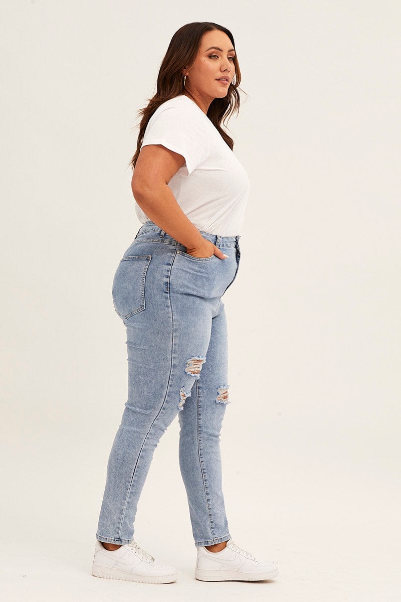 Blue High Rise Knee Distress Stretch Skinny Denim Jeans