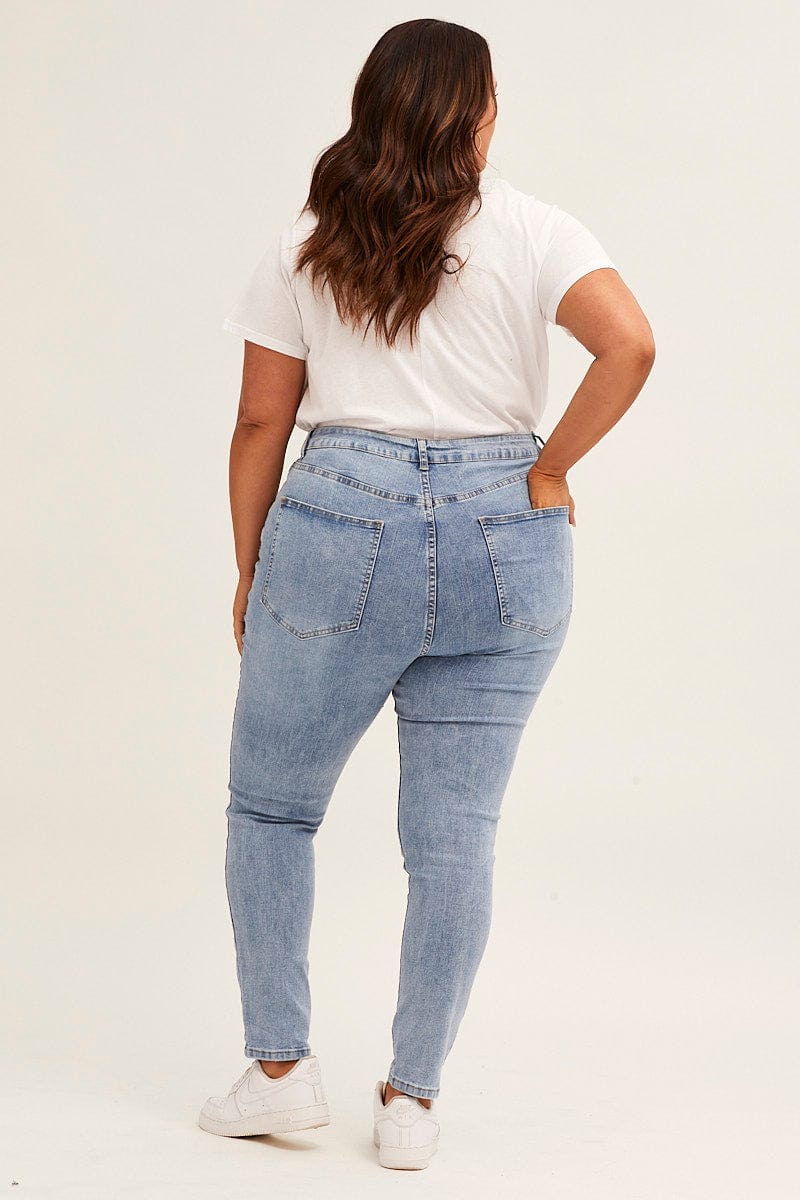 Blue High Rise Knee Distress Stretch Skinny Denim Jeans