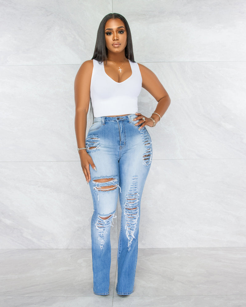 *Nellie Medium Denim Destroyed Bell Legs Jeans