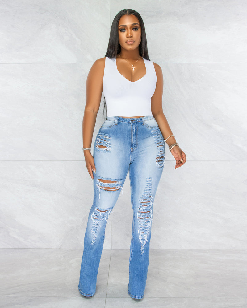 *Nellie Medium Denim Destroyed Bell Legs Jeans