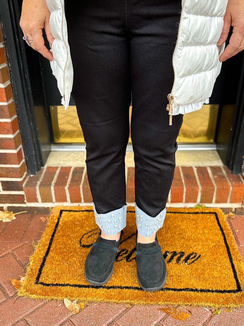 Lulu B Black Denim Cuff Pearl Pant