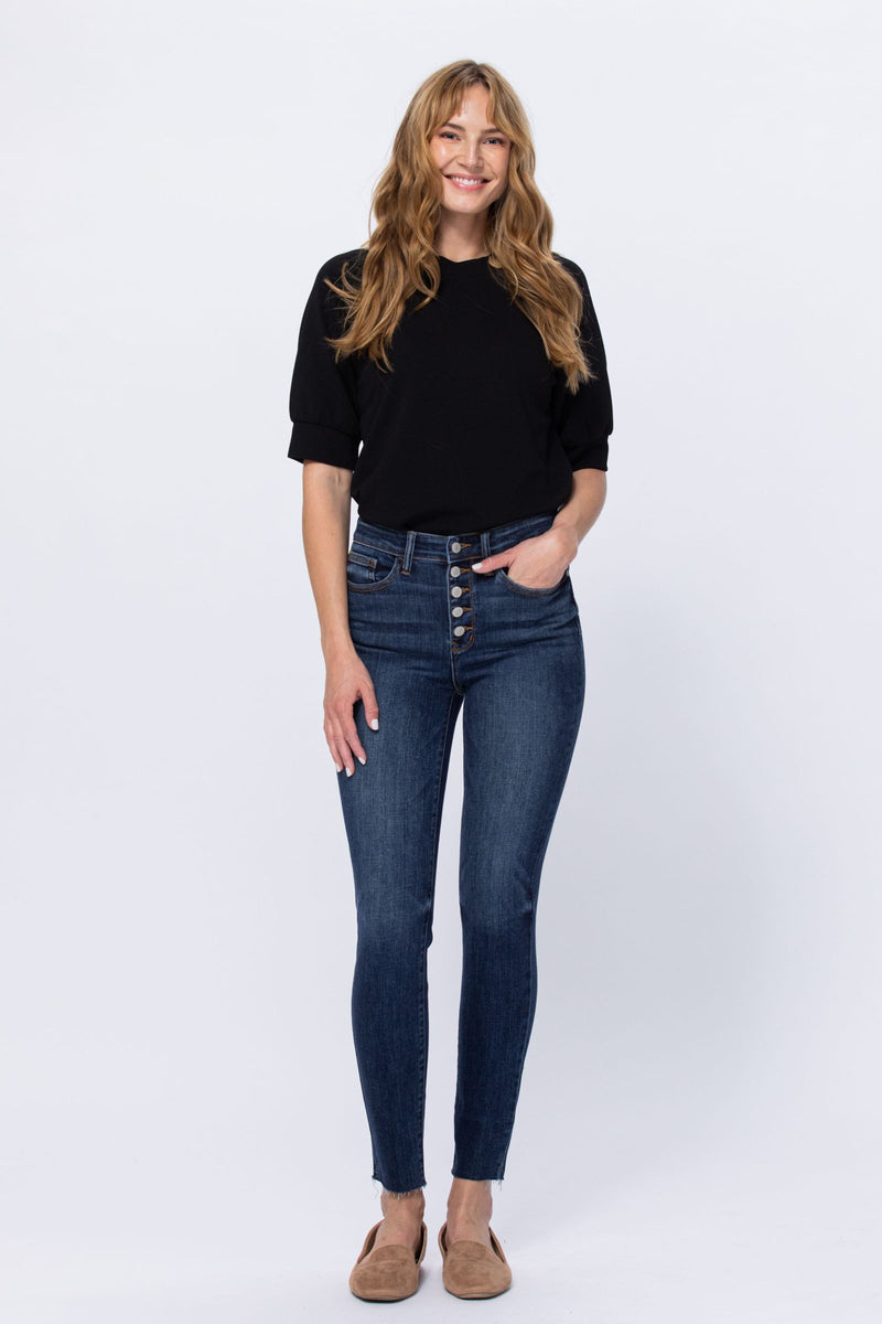 Judy Blue High Rise Button Fly Cut Off Skinny Denim Jeans 82318
