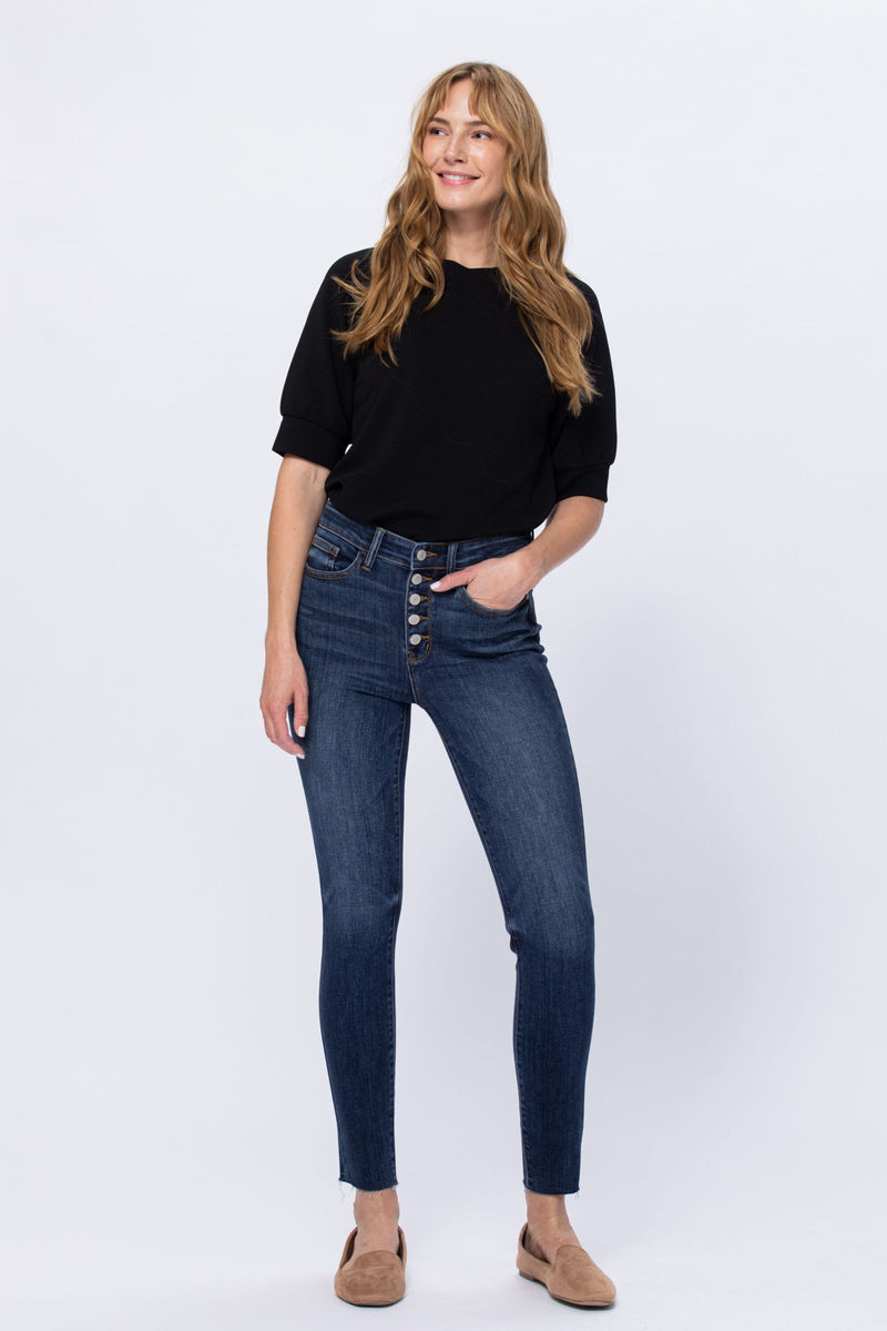 Judy Blue High Rise Button Fly Cut Off Skinny Denim Jeans 82318