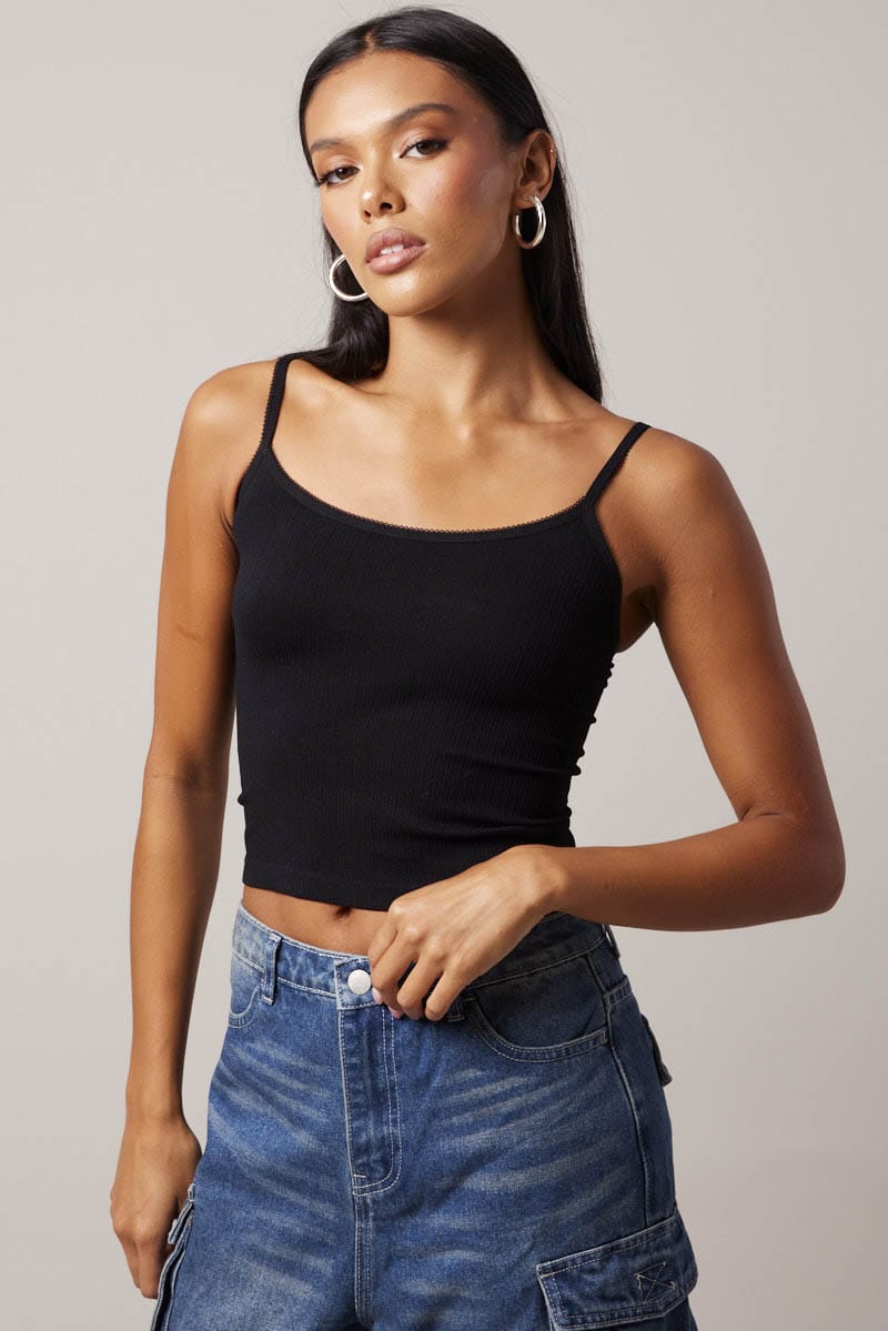 Black Singlet Top Scoop neck Seamless