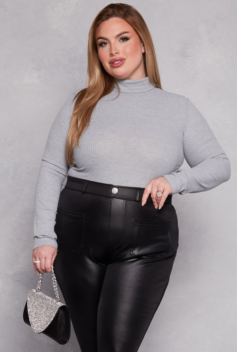 Plus Size Basic Ribbed Knit Turtleneck Top