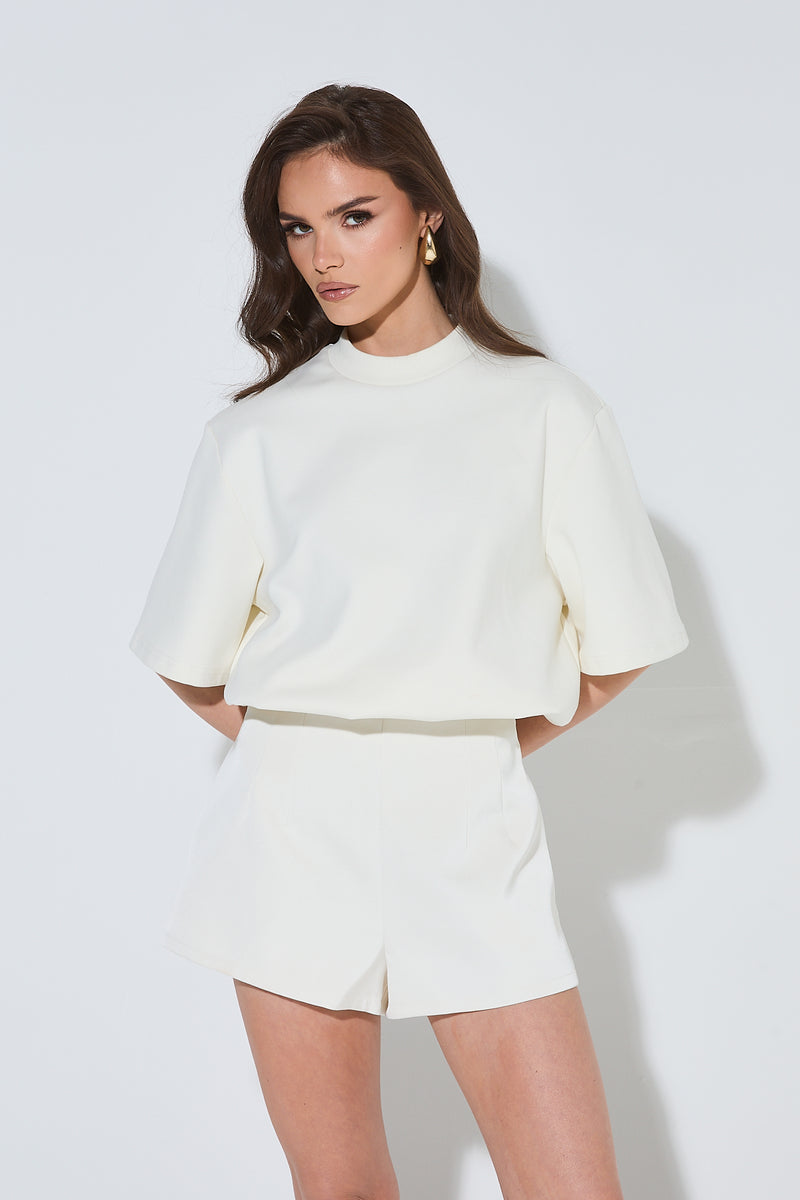 BLANCA Ivory Satin High Waisted Shorts