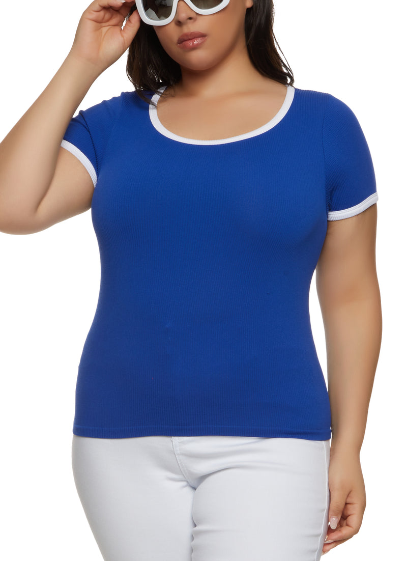 Plus Size Rib Knit Seamless Ringer Tee