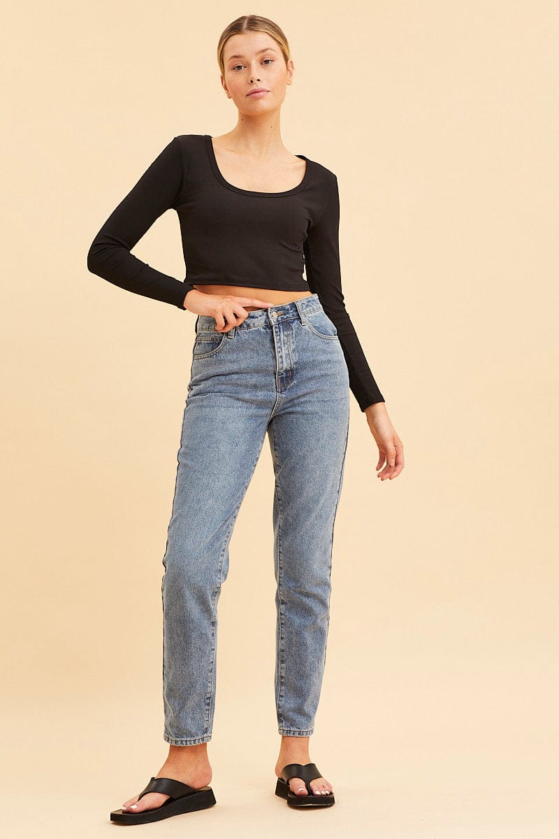 Black Crop Top Scoop Neck Long Sleeve Rib