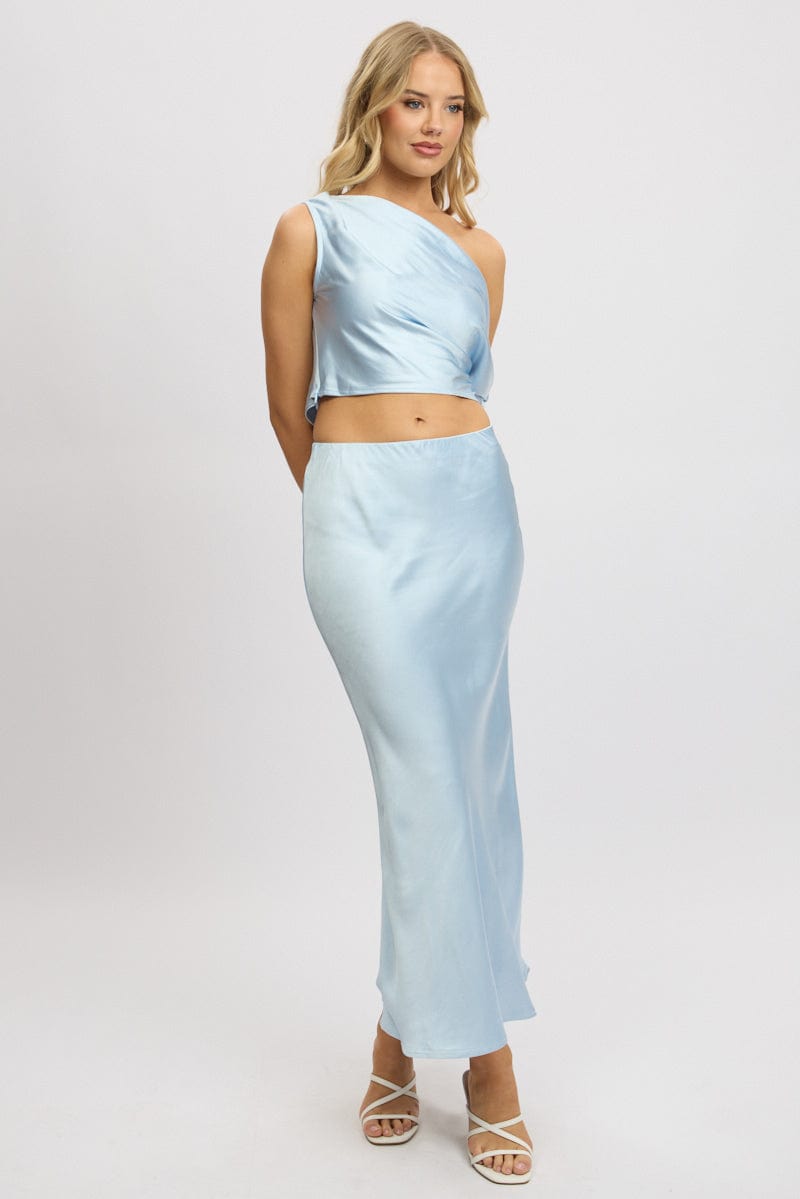 Blue Slip Skirt Maxi High Rise Satin Crepe
