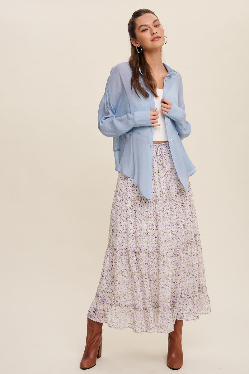 High Waisted Tiered Floral Drawstring Maxi Skirt - Cream