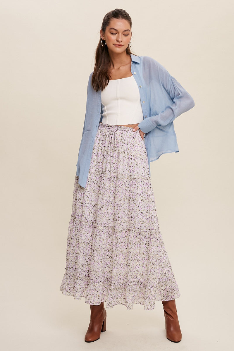 High Waisted Tiered Floral Drawstring Maxi Skirt - Cream