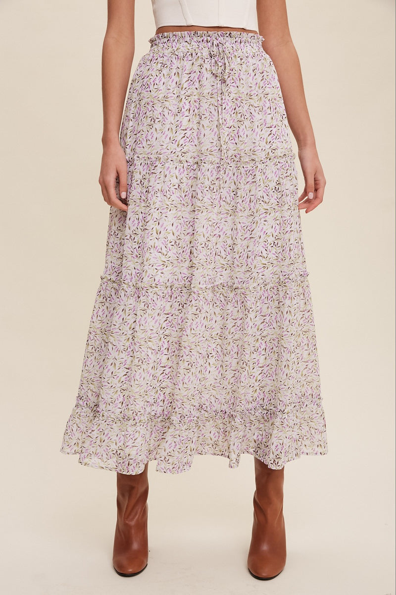 High Waisted Tiered Floral Drawstring Maxi Skirt - Cream
