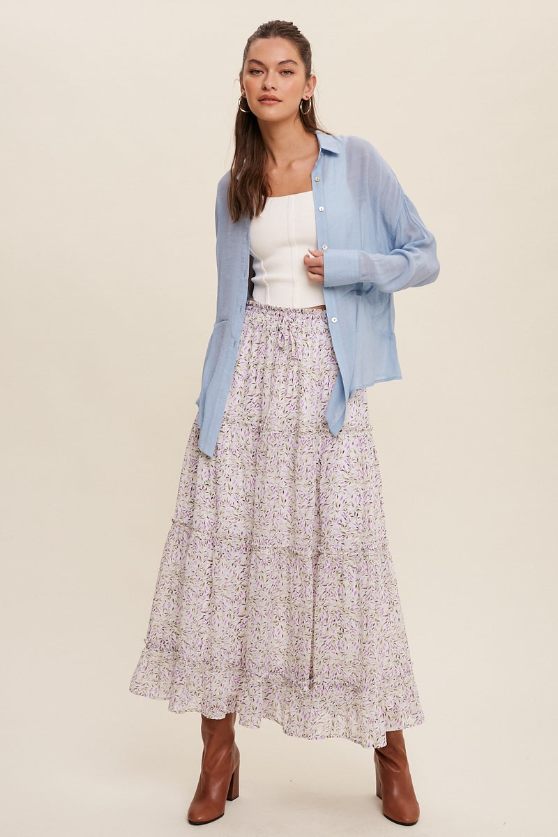 High Waisted Tiered Floral Drawstring Maxi Skirt - Cream