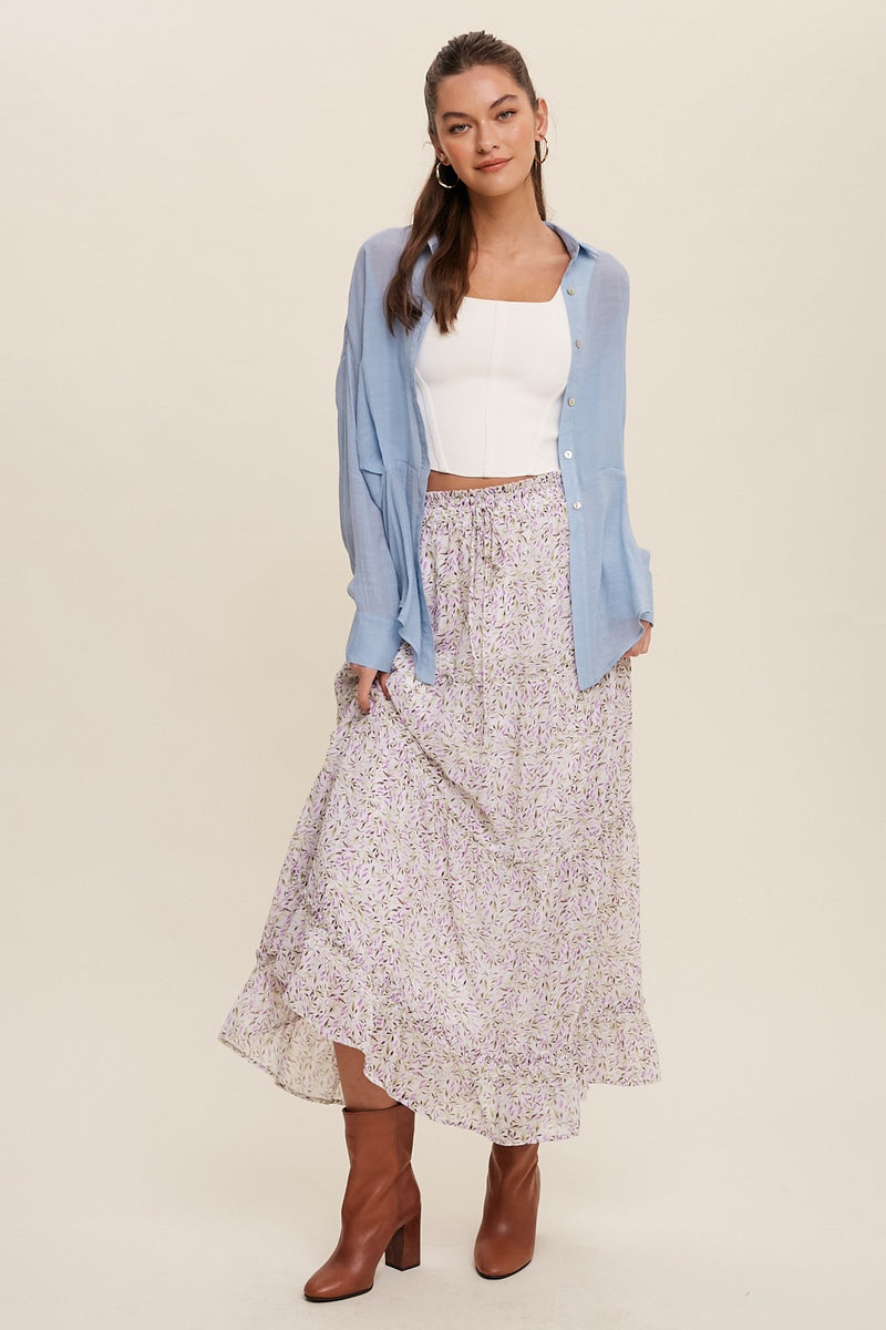 High Waisted Tiered Floral Drawstring Maxi Skirt - Cream
