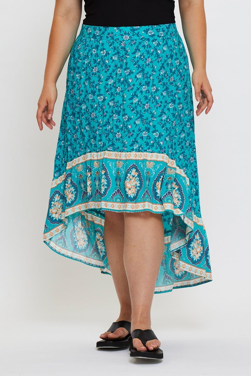 Boho Print Midi Skirt High-low