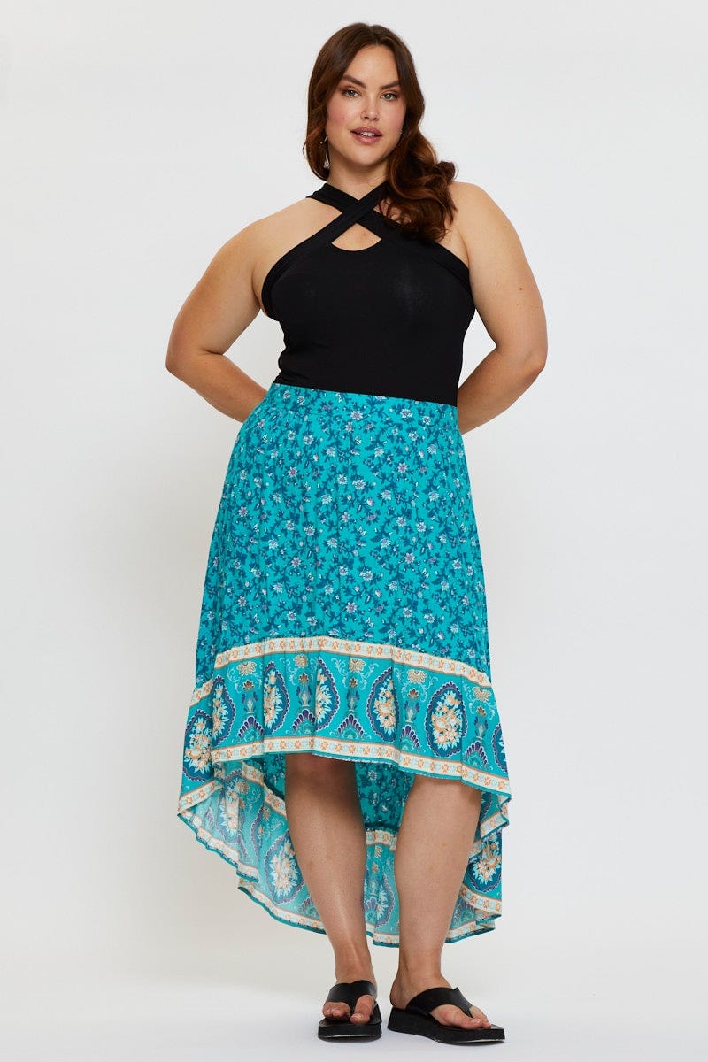 Boho Print Midi Skirt High-low