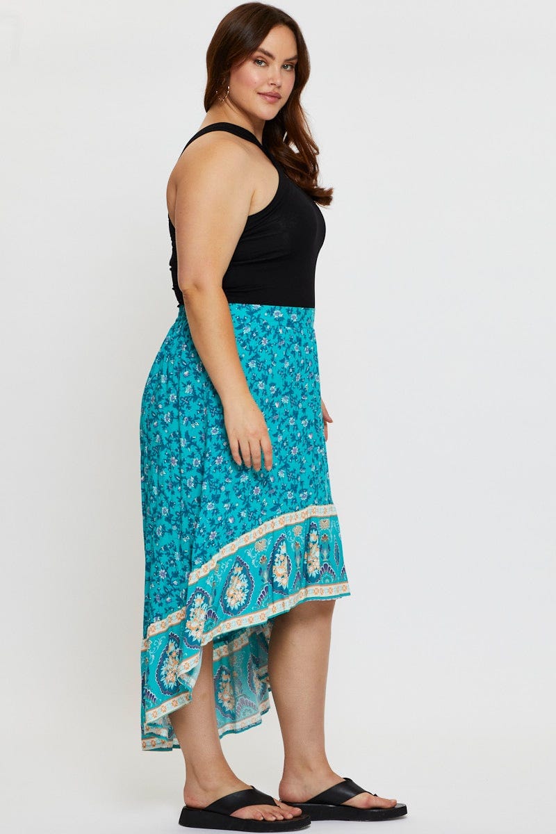 Boho Print Midi Skirt High-low