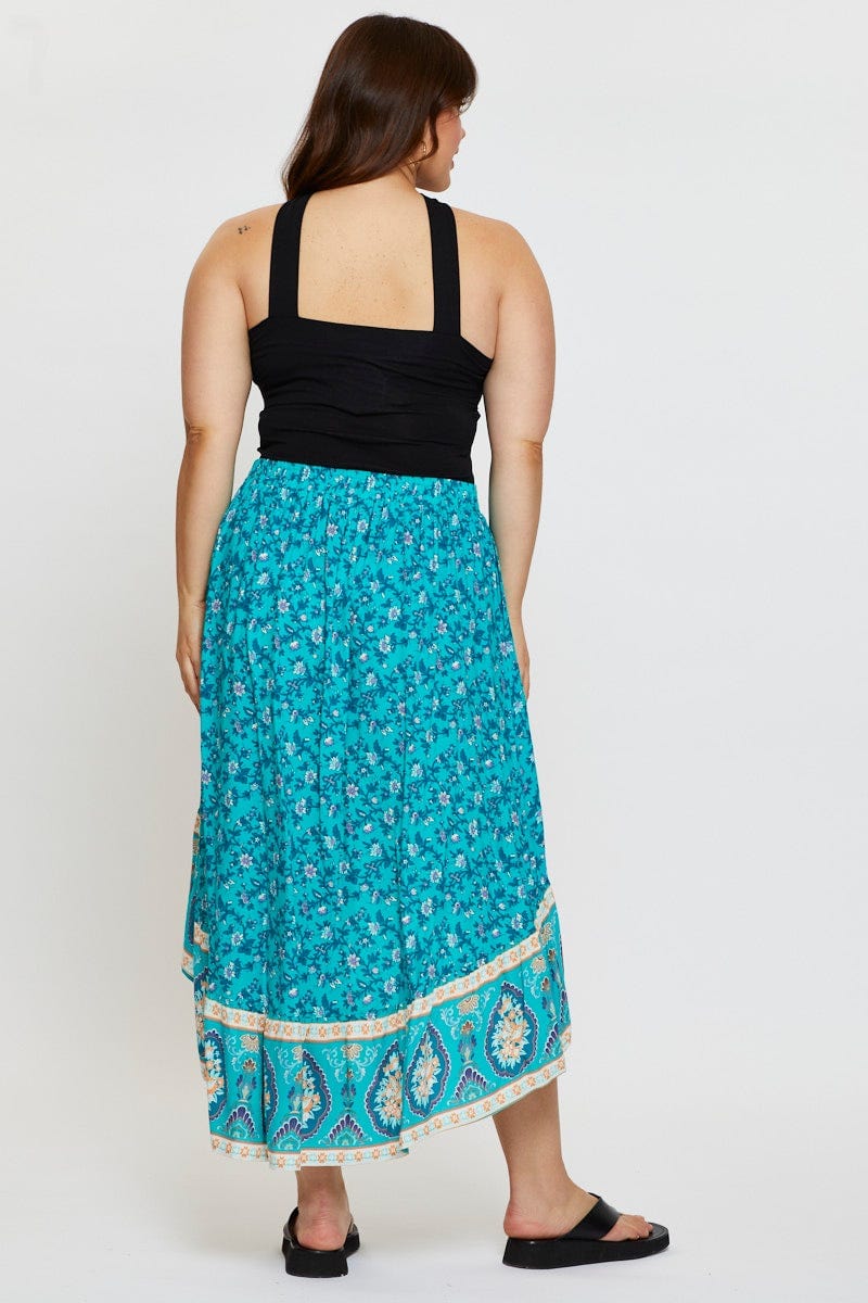 Boho Print Midi Skirt High-low