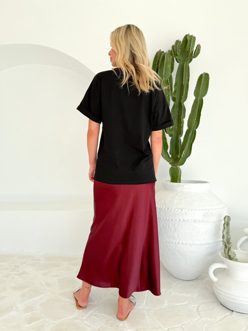 Ruby Bias Cut Satin Midi Skirt- Burgundy