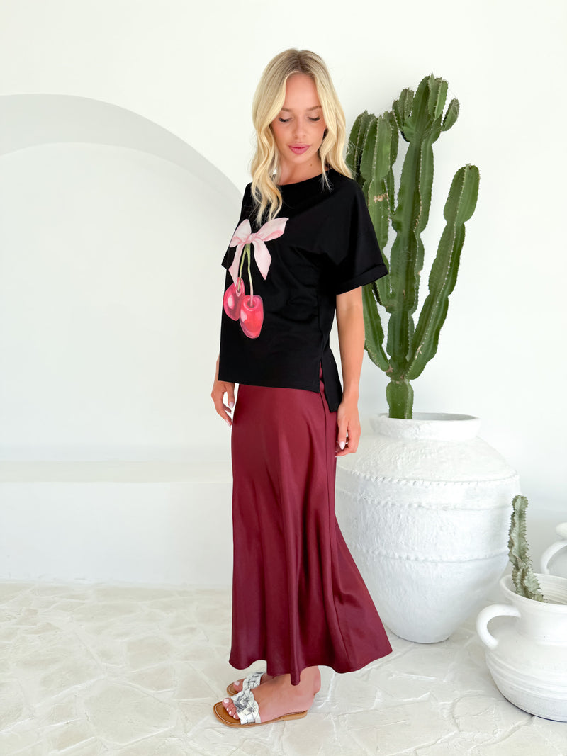Ruby Bias Cut Satin Midi Skirt- Burgundy