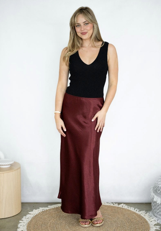 Ruby Bias Cut Satin Midi Skirt- Burgundy