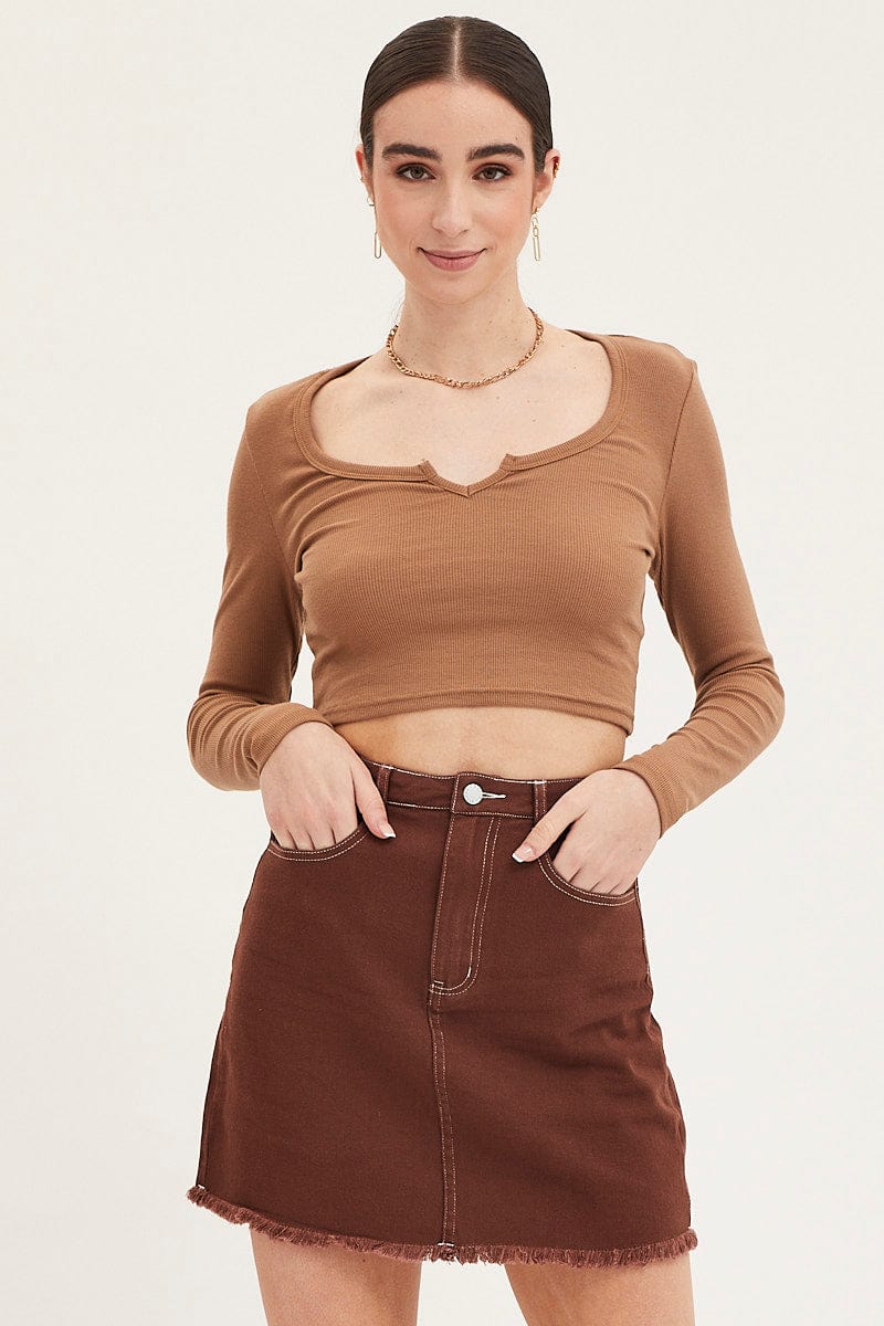 Brown Mini Skirt High Rise Fray Hem